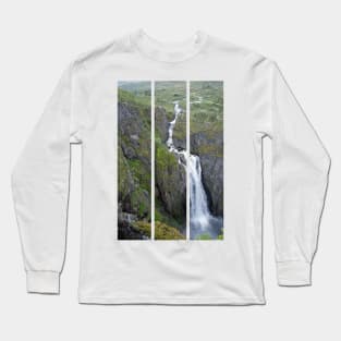 Wonderful landscapes in Norway. Vestland. Beautiful scenery of Voringfossen waterfall in the Mabodalen valley on the Hardanger scenic route. Mountains, trees in background. Cloudy day (vertical) Long Sleeve T-Shirt